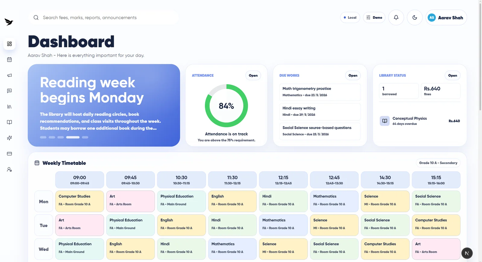 The Unifloe dashboard with attendance, assignments, library status, and a weekly timetable